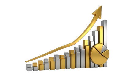 Financial growth chart with arrow and pie isolated on transparent background