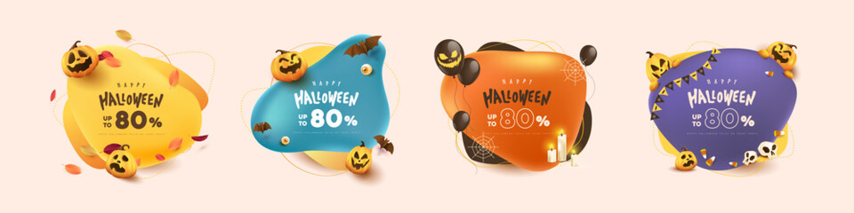 Happy Halloween sale banner or party invitation background with pumpkins balloons candles candy and spooky elements on colorful background Festive Elements Halloween for promotion design