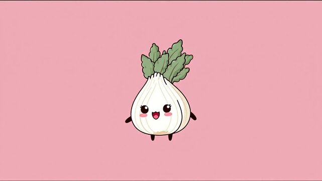 Cute cartoon leek with happy expression on pink background