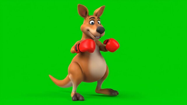 Cartoon Kangaroo Boxer on Green Screen - This video shows a 3D animated cartoon kangaroo wearing boxing gloves, ready to fight.