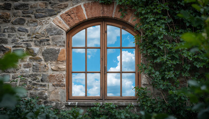 Beautiful Arched Window Framed by Ivy and Stone Wall