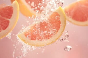 Pink grapefruit slices splashing in water on pastel background  