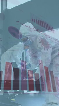 Coronavirus statistical data processing against team of health workers spraying disinfectant at gym