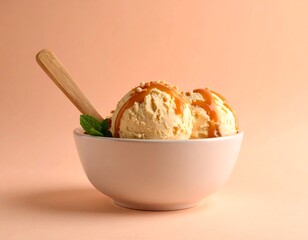 Caramel ice cream scoops in a bowl