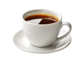 Aromatic black coffee in white cup and saucer, Isolated On White Background, Png Transparent
