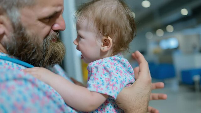 A father holding crying infant girl in patterned clothing, emotional family love and bonding, bearded parent comforts upset child indoors