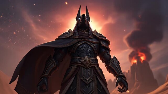 A dark mythological jackal-headed god in black armor standing before an erupting volcano