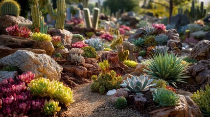 Vibrant Succulent Garden with Varied Cacti and Colorful Plant Life Among Natural Rock Formation in Bright Natural Light