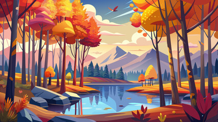 This semi abstract image of forest depicts oil painting colorful autumn trees and aspen trees glowing with yellow red leaf hues beside a calm lake, symbolizing the autumn fall season nature background