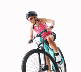 Fototapeta premium Young Woman In Professional Sportswear, Riding Her Mountain Bike