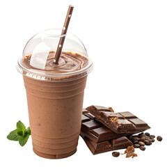 Plastic cup with dome lid, chocolate milkshake with whipped cream topping and clear straw