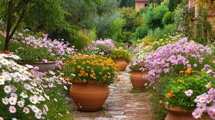 Fototapeta premium Beautiful Garden Pathway with Colorful Flowers and Potted Plants in a Lush Green Landscape Surrounded by Nature’s Vibrant Beauty