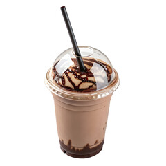 Plastic cup with dome lid, chocolate milkshake with whipped cream topping and clear straw