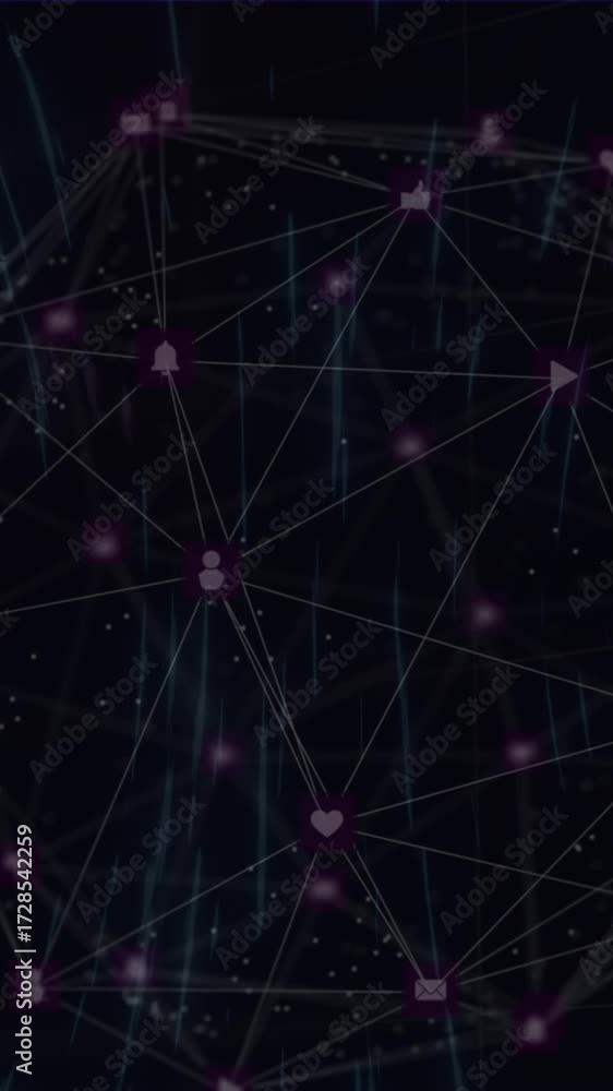 Poster animation of network of connections with icons over black background
