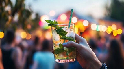 Music festival scene at dusk with mojito cocktails in hand surrounded by a sea of people colorful stage lights and the sound of live music creating an energetic and carefree setting