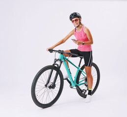 Young Woman In Professional Sportswear, Sitting Pose On Her Mountain Bike Against White Background
