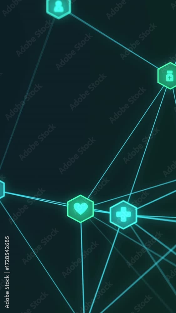 Poster animation of network of connections with icons over cityscape on dark background