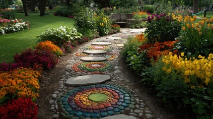 Fototapeta premium Colorful Garden Pathway Surrounded by Vibrant Flower Beds and Lush Greenery in a Serene Outdoor Landscape Perfect for Relaxation and Nature Walks