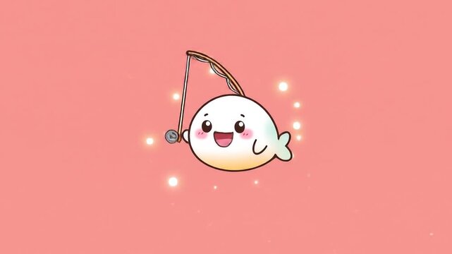 Cute cartoon fish with fishing rod on a pink background