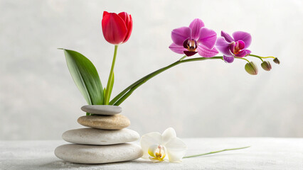 Zen balance: Orchids, tulips, and stacked stones for harmony.