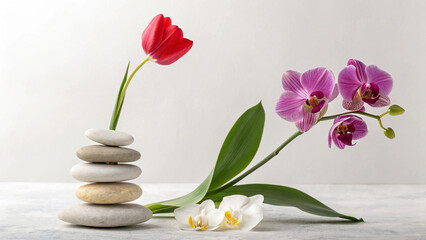 Zen balance: Orchids, tulips, and stacked stones for harmony.