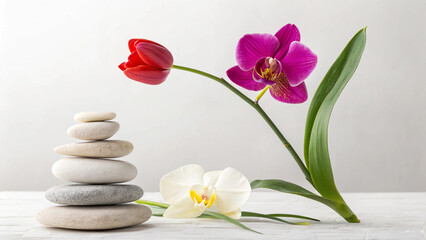 Zen balance: Orchids, tulips, and stacked stones for harmony.