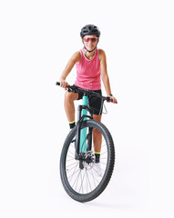 Young Woman In Professional Sportswear, Sitting Pose On Her Mountain Bike Against White Background
