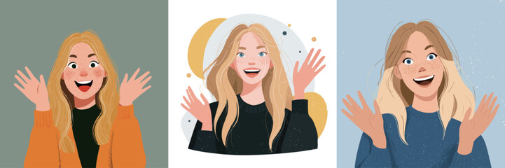 Three joyful women with blonde hair are depicted in various styles, each smiling and waving their hands. The backgrounds and art styles differ, showcasing their happiness.