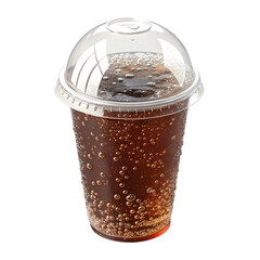 Plastic cup with dome lid filled with sparkling beverage and clear straw