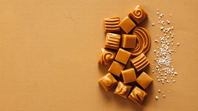 Delicious salted caramel candies on a brown background