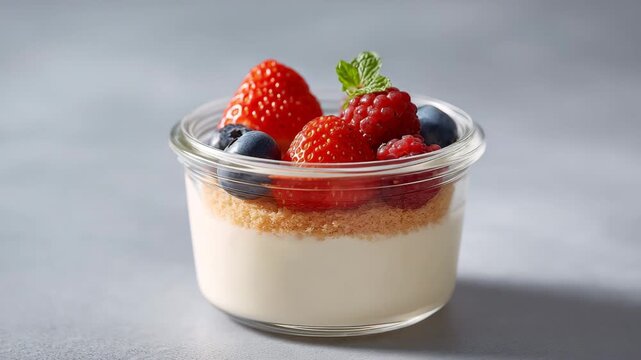 Yogurt dessert in glass bowl with fresh strawberry, blueberry, raspberry, mint, and crumb layers, healthy snack with creamy yogurt, natural light, delicious and refreshing presentation