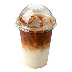Plastic cup with dome lid, iced latte with milk swirls and clear straw