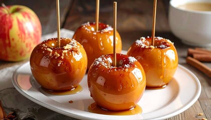 Caramel-coated apples on a plate