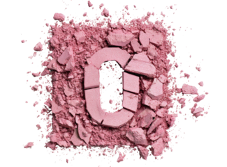 Pink cosmetic powder exploding around a shattered letter "O