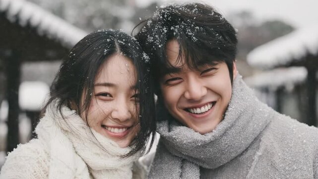 A smiling couple in winter clothing posing for a snowy selfie.