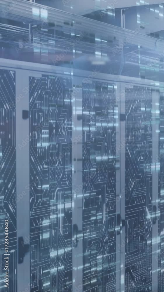 Poster animation of data processing and mathematical equations against computer server room
