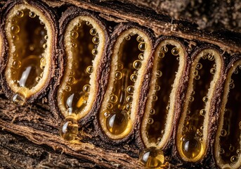 Hyper realistic depiction of resin ducts inside conifer bark with epithelial lining actively secreting resin for plant defense and protective function