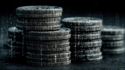 Digital representation of stacked coins with binary codes in a blurred cyber backdrop, symbolizing cryptocurrency and innovative finance technology evolution