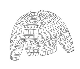 Sweater with ornament. Seasonal warm clothes contour vector illustration. Hand drawn doodle for coloring book