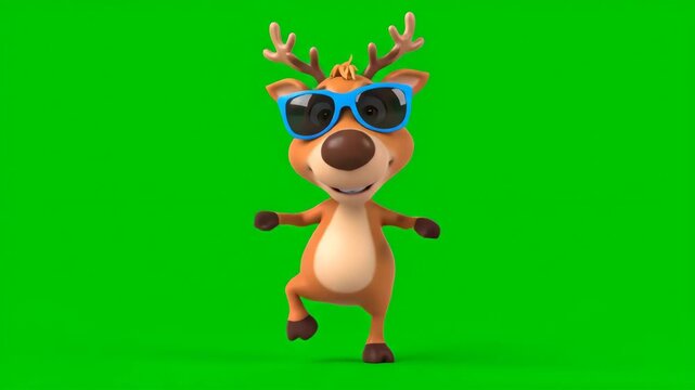 Cartoon Reindeer Dancing on Green Screen - A cartoon reindeer with blue sunglasses is shown dancing against a green chroma key background. The reindeer is smiling and appears to be enjoying itself.