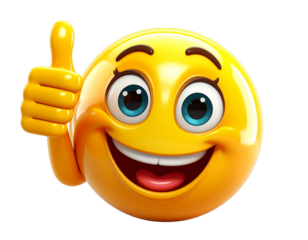 Happy Emoji with Thumbs Up Gesture, 3D Cartoon Style, Isolated on transparent  Background