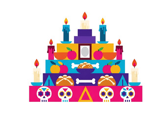 Vibrant Día de los Muertos altar illustration. A colorful Mexican festival and Latin American tradition with sugar skull art, candles, and flowers