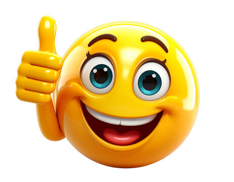Happy Emoji with Thumbs Up Gesture, 3D Cartoon Style, Isolated on transparent  Background