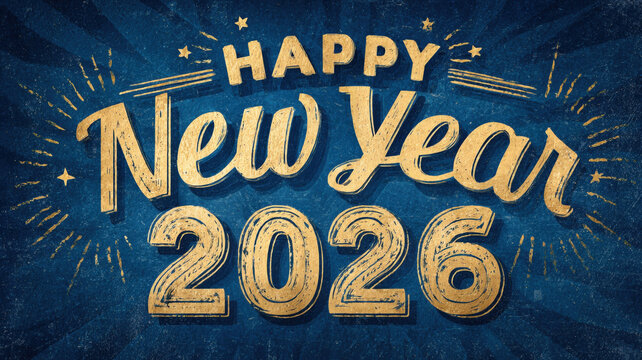 Happy New Year 2026 Golden Calligraphy Fireworks Blue Background Celebration Script Typography Holiday Design