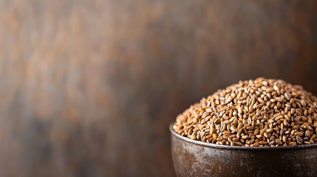 A bowl of whole grains on a textured brown background, closeup view