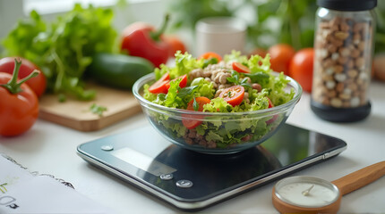 Measuring Fresh Salad on Scale for Healthy Eating