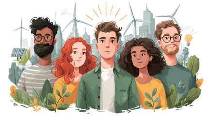 Five diverse individuals stand together among wind turbines and solar panels, showcasing support for sustainable energy in an urban environment.