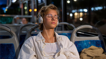 A teenager headphones tangled with cords watches glowing television screens streaming music videos on a city bus its seats vinyl and cracked. A plastic water bottle its cap