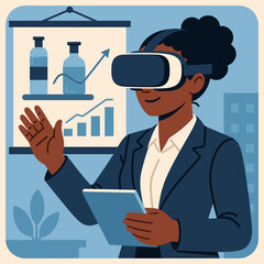 Businesswoman in VR Headset Analyzing Data Presentation