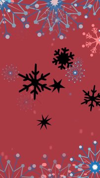Animation of snow falling over christmas decoration and pattern